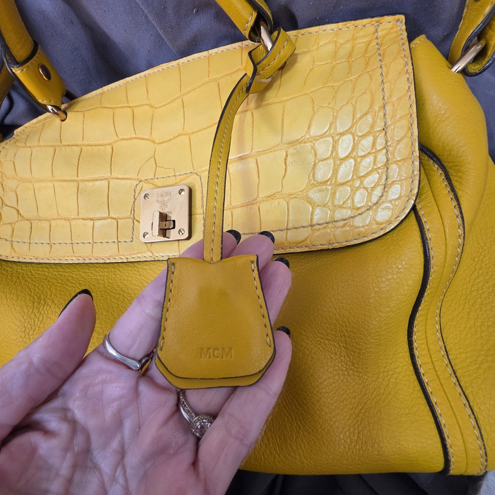 MCM Yellow Croc-Texture Top Handle Shoulder Bag - Picture 13 of 15